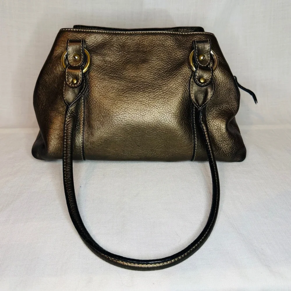 Metallic Bronze Pebbled Leather Shoulder Bag Satchel Gold Hardware Triple Pocket
